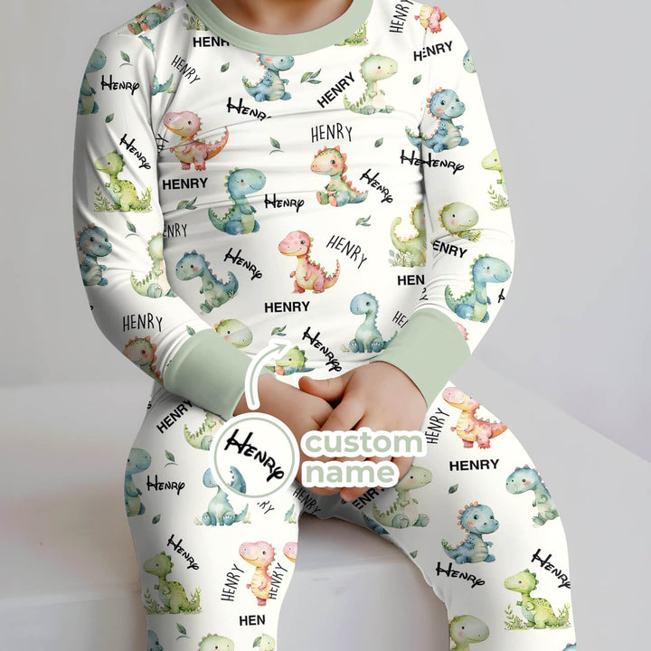 Dinosaur Custom Name Two Piece Long Sleeve Pajama Set