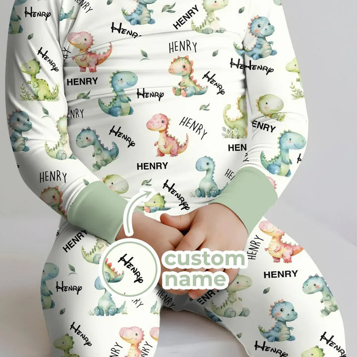 Custom Name Dinosaur Bamboo Two Piece Long Sleeve Pajama Set