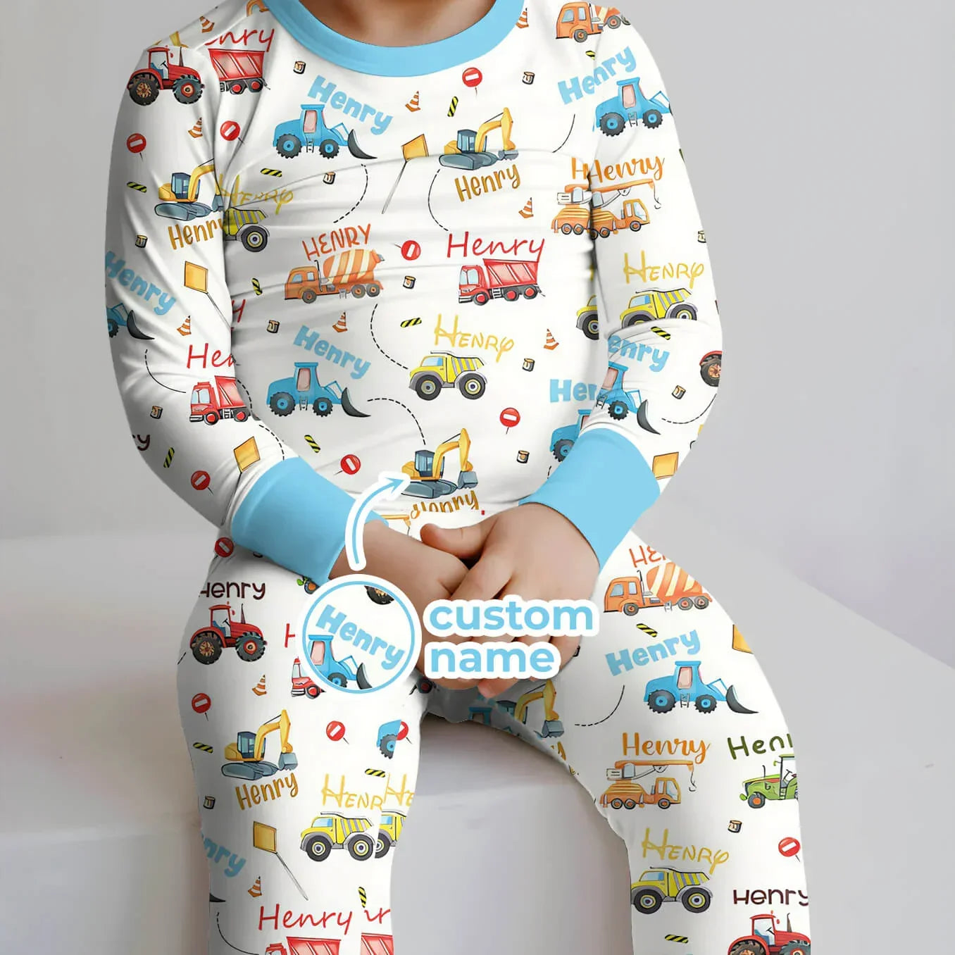 Construction Vehicles Custom Name Bamboo Two Piece Long Sleeve Pajama Set