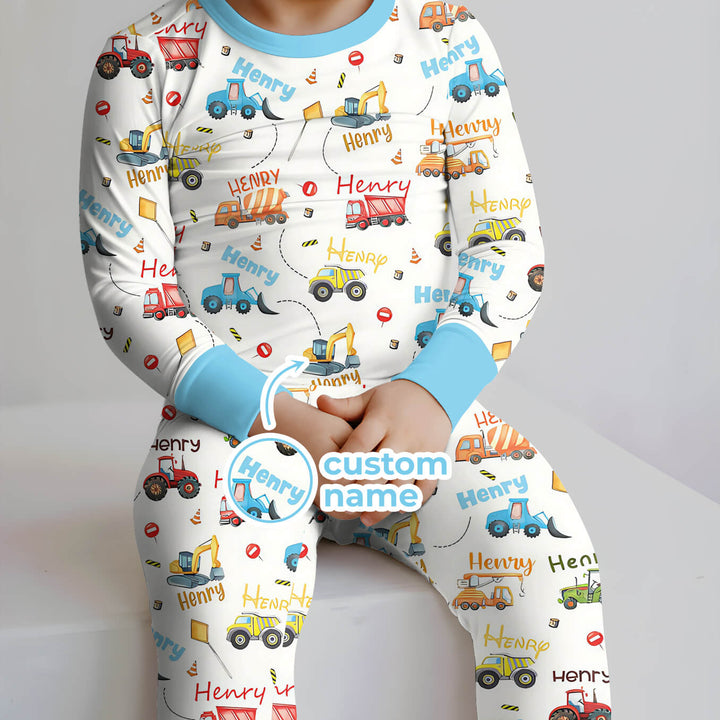 Construction Vehicles Custom Name Two Piece Long Sleeve Pajama Set