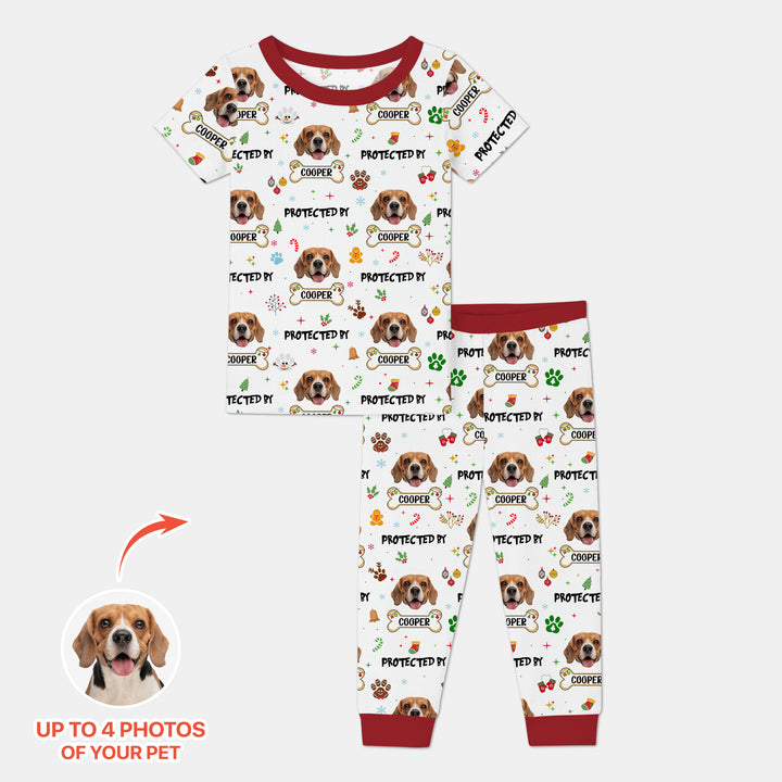 Custom Dog Photo "Protected By" Christmas Two Piece Short Sleeve Pajama Set