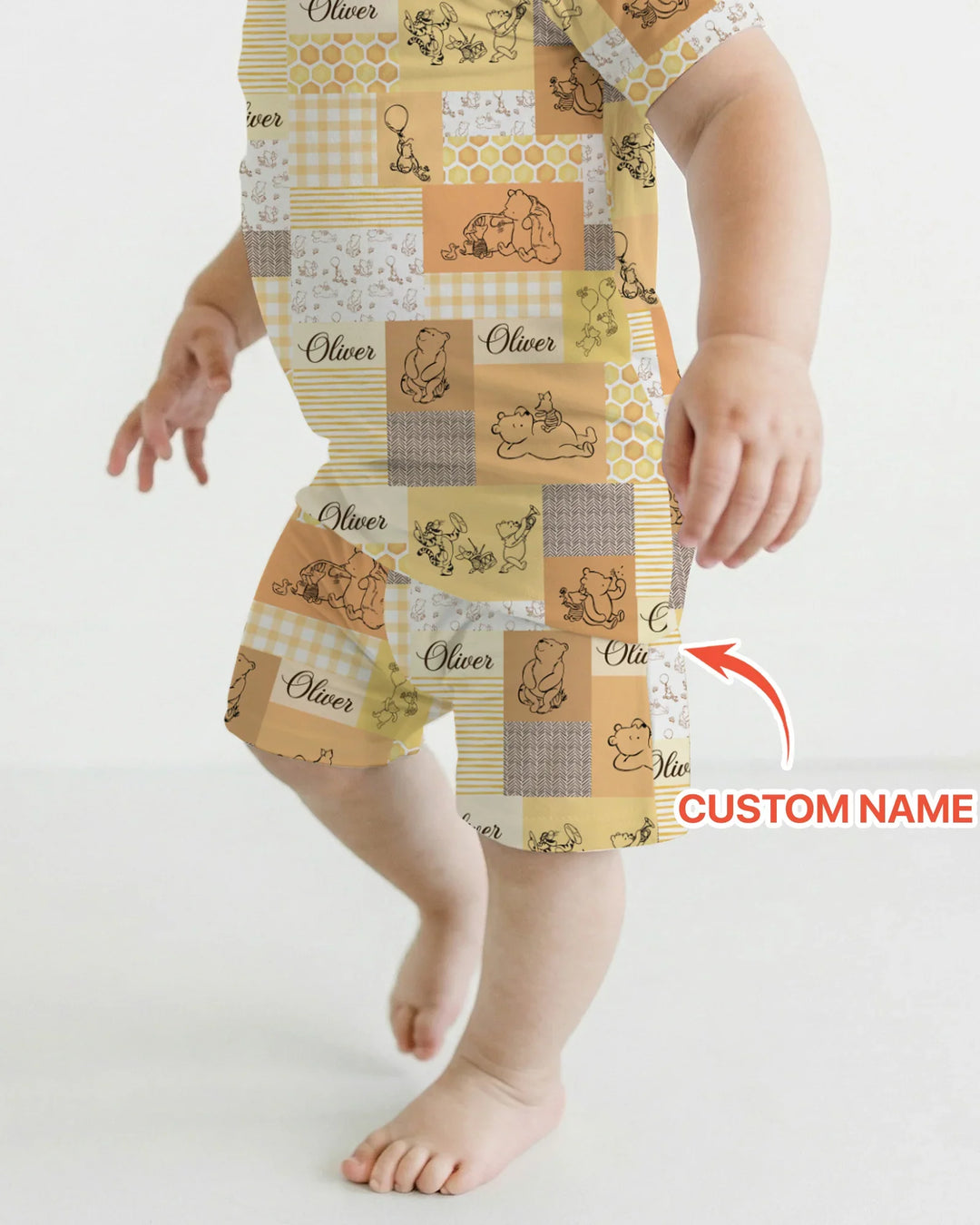 Personalized Classic Bear Patchwork  Bamboo Two Piece Short Sleeve Shorts Pajama Set