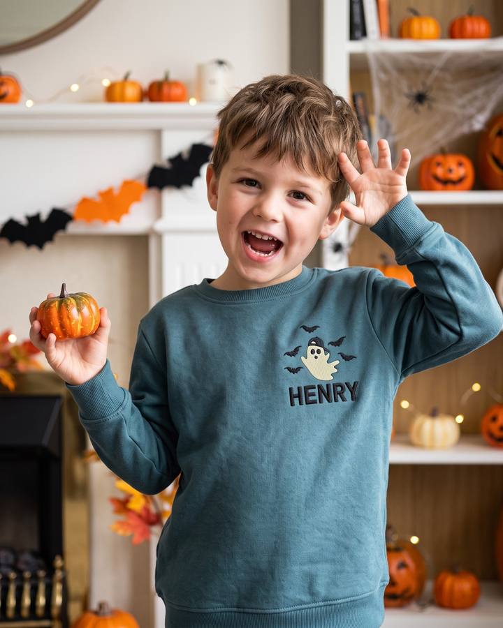 Custom Name Little Ghost Embroidered Bamboo Crewneck Sweatshirt