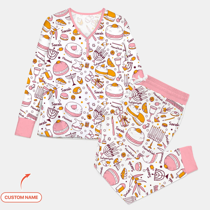 Happy Hanukkah Doodles Custom Name Family Matching Women Pajama Set