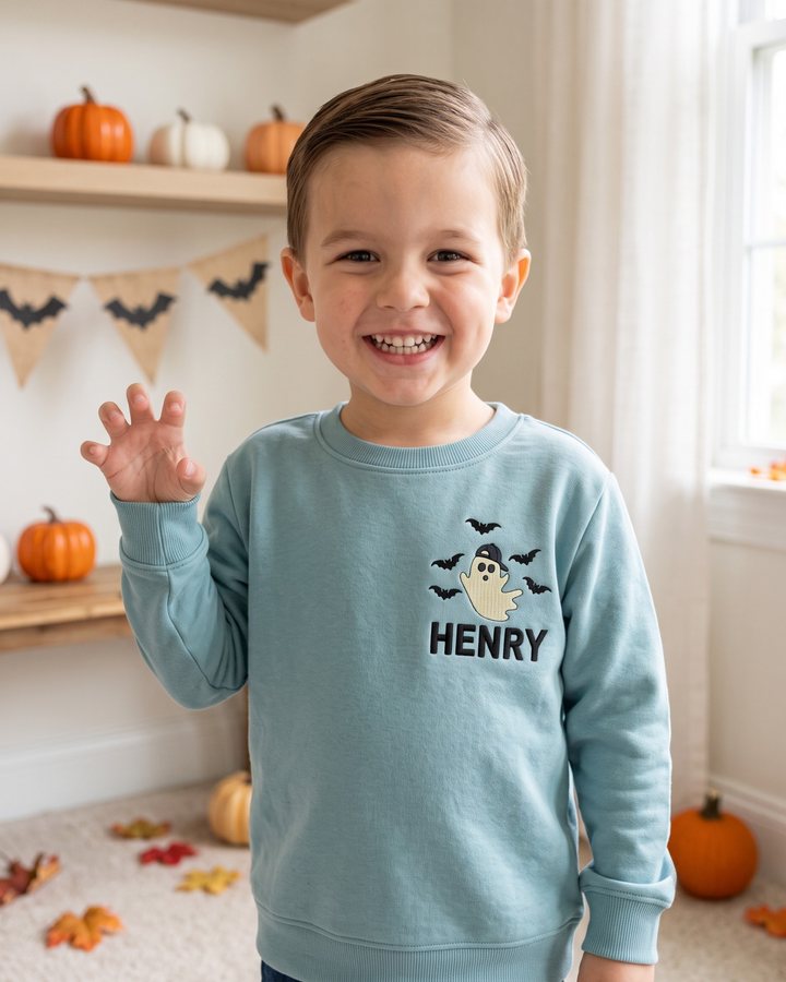 Custom Name Little Ghost Embroidered Bamboo Crewneck Sweatshirt