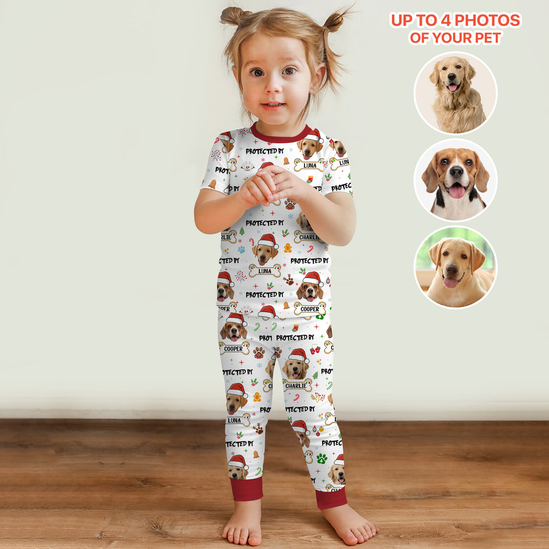 Custom Dog Photo "Protected By" Christmas Two Piece Short Sleeve Pajama Set