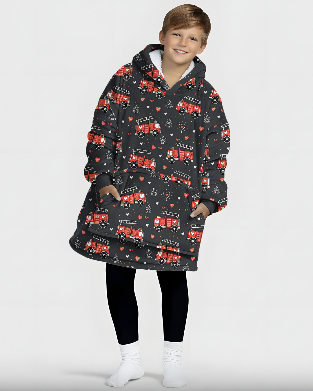 Valentine Fire Trucks Wearable Blanket Hoodie