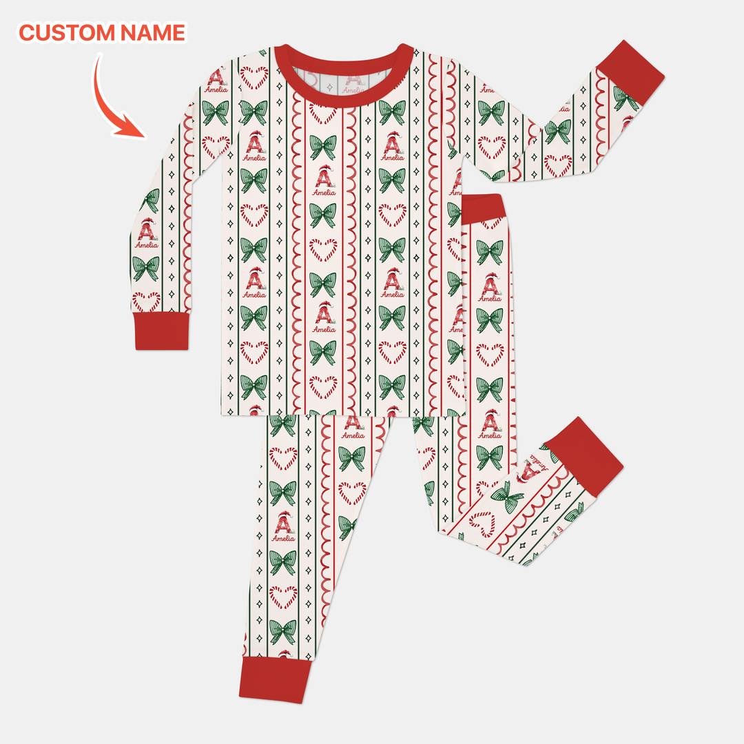 Custom Name Christmas Stripes Two Piece Long Sleeve Pajama Set