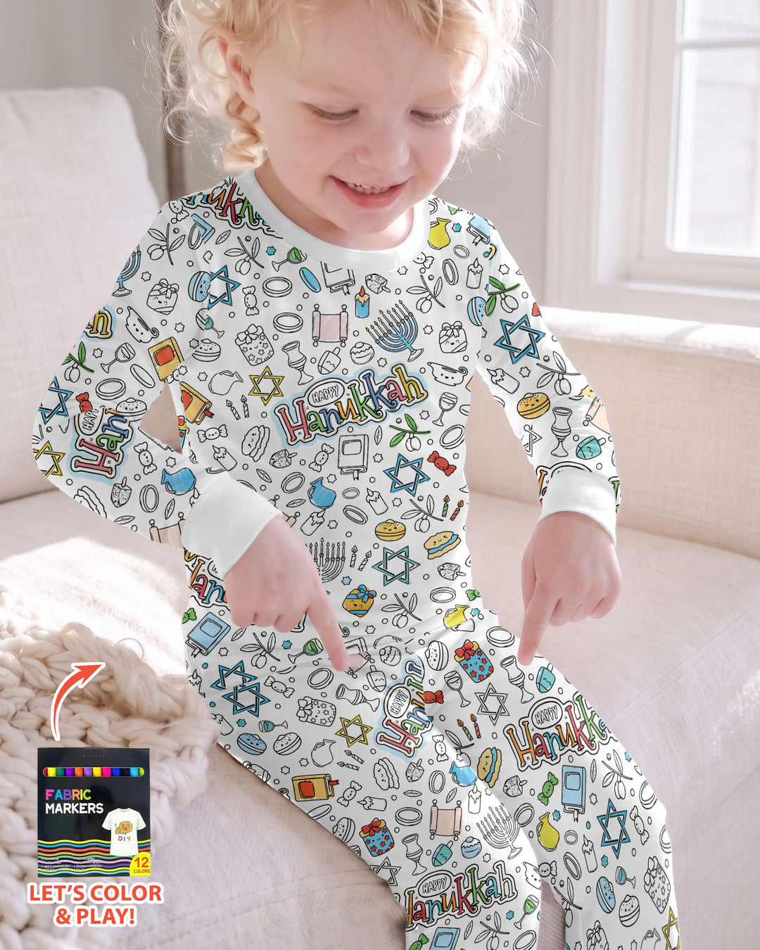 Happy Hanukkah Colorable Bamboo Two Piece Long Sleeve Pajama Set