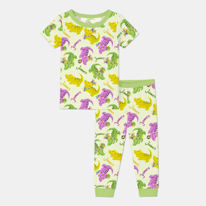 Custom Name Mardi Gras Alligator Two Piece Short Sleeve Pajama Set