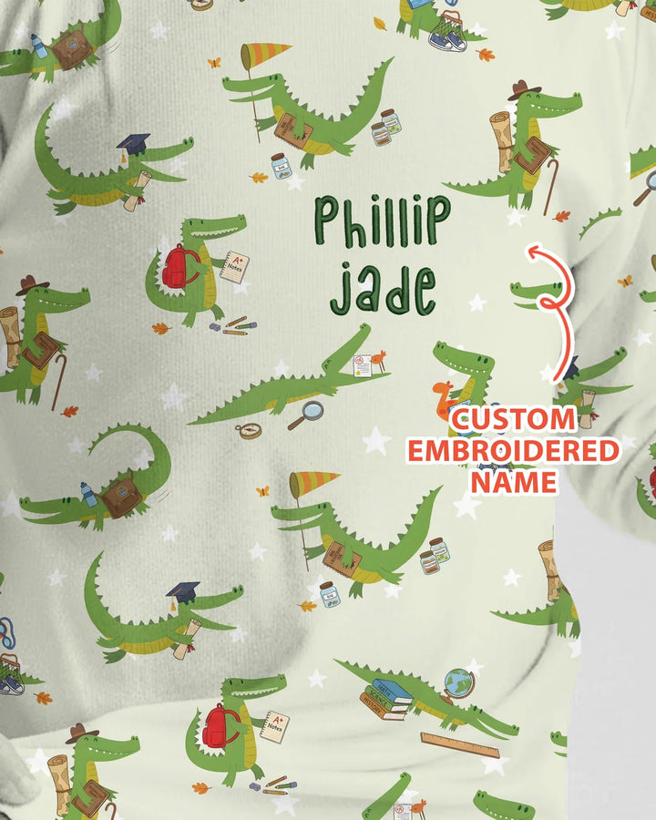 Pijama de dos piezas de bambú con caimán bordado y nombre personalizado de manga larga