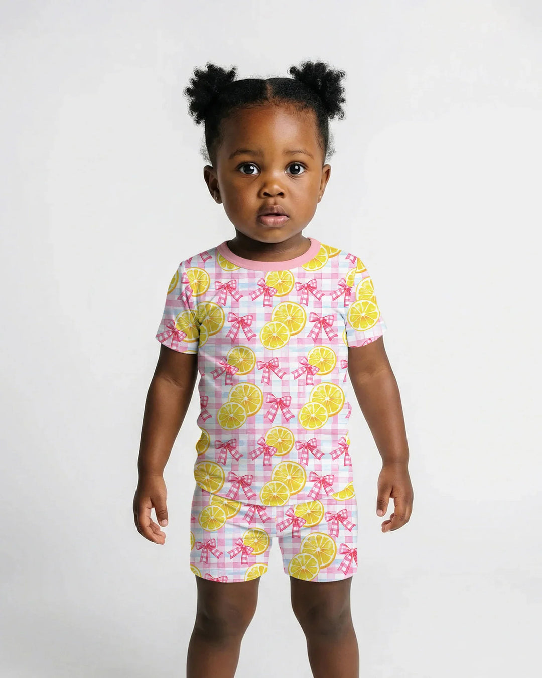 Pink Lemons Bows Checkered Bamboo Two Piece Short Sleeve Shorts Pajama Set