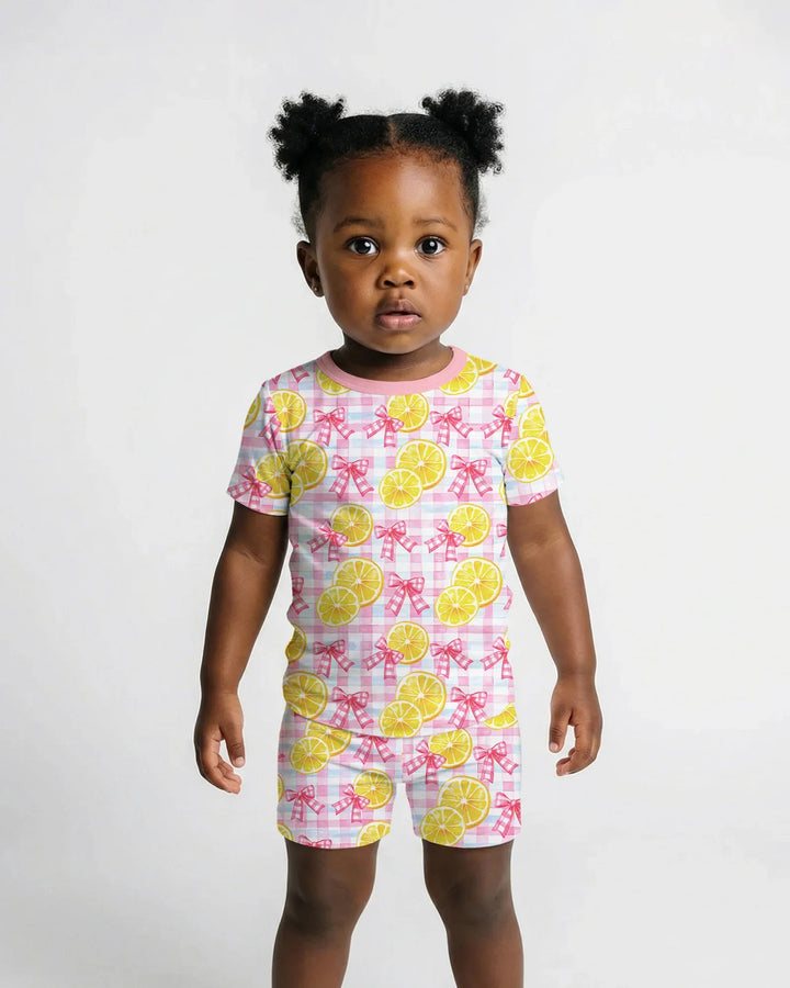 Pink Lemons Bows Checkered Bamboo Two Piece Short Sleeve Shorts Pajama Set