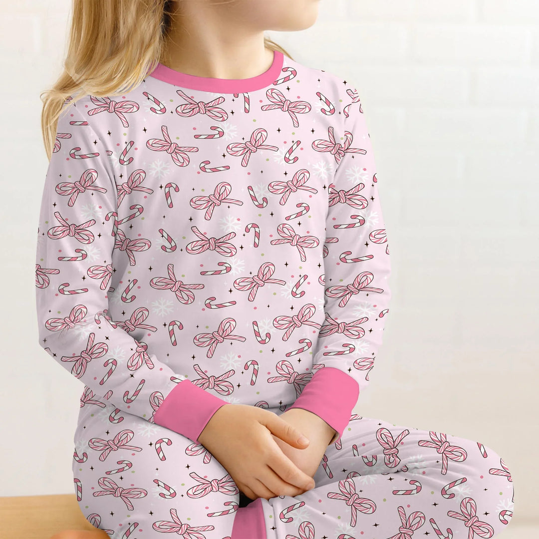 Pink Candy Bows Two Piece Long Sleeve Pajama Set