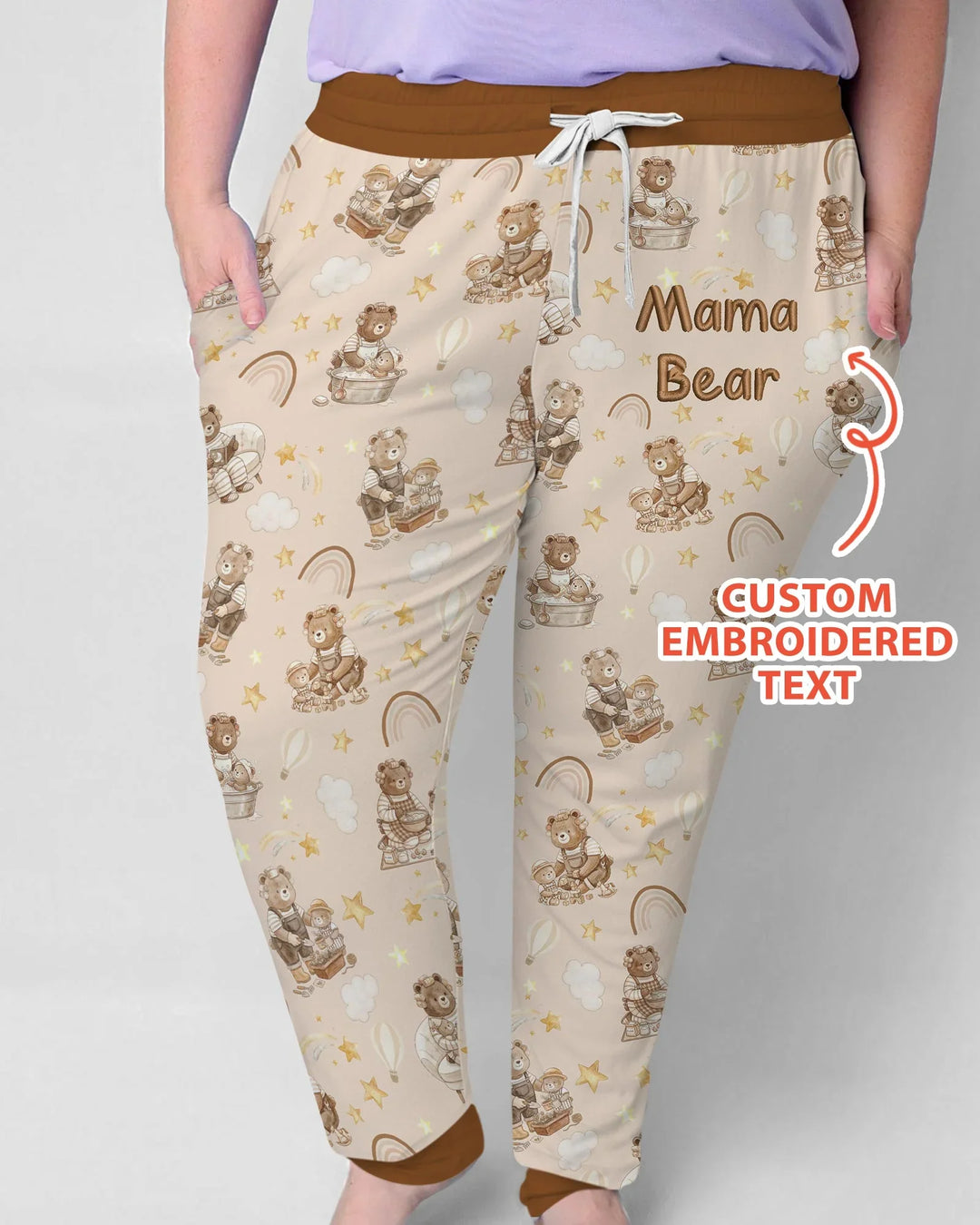 Besticktes Mama Bär und Baby Bär Pyjama-Set aus Bambus für Damen