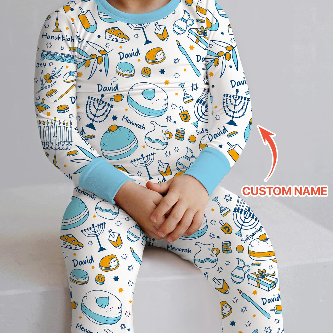 Happy Hanukkah Doodles Custom Name Family Matching Two Piece Long Sleeve Pajama Set