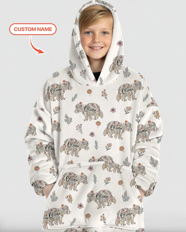 Custom Name Floral Bear Family Matching Bamboo Blanket Hoodie