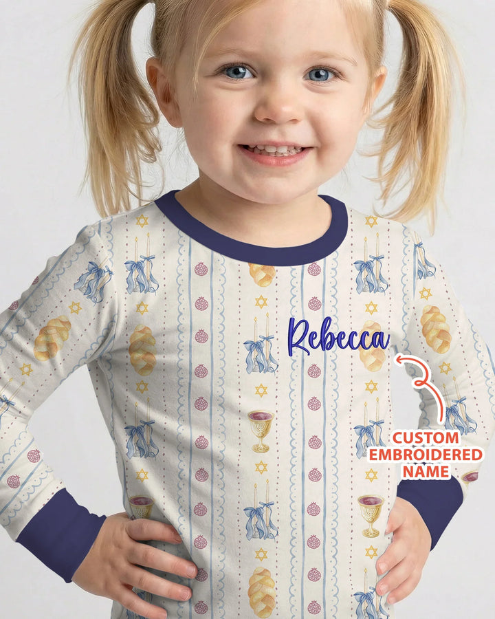 Custom Embroidered Name Shabbat Matching With Mom Bamboo Two Piece Long Sleeve Pajama Set