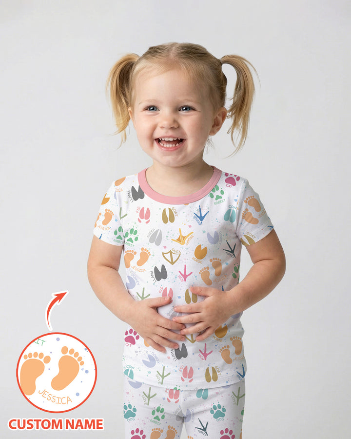 Cute Farm Animal Tracks Custom Name Bamboo Two Piece Short Sleeve Pajama Set
