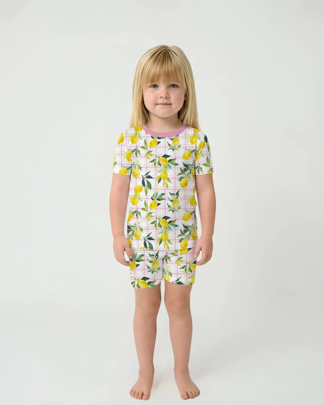 Conjunto de pijama de dos piezas de bambú, manga corta y pantalones cortos, con estampado a juego de limones mediterráneos para la familia