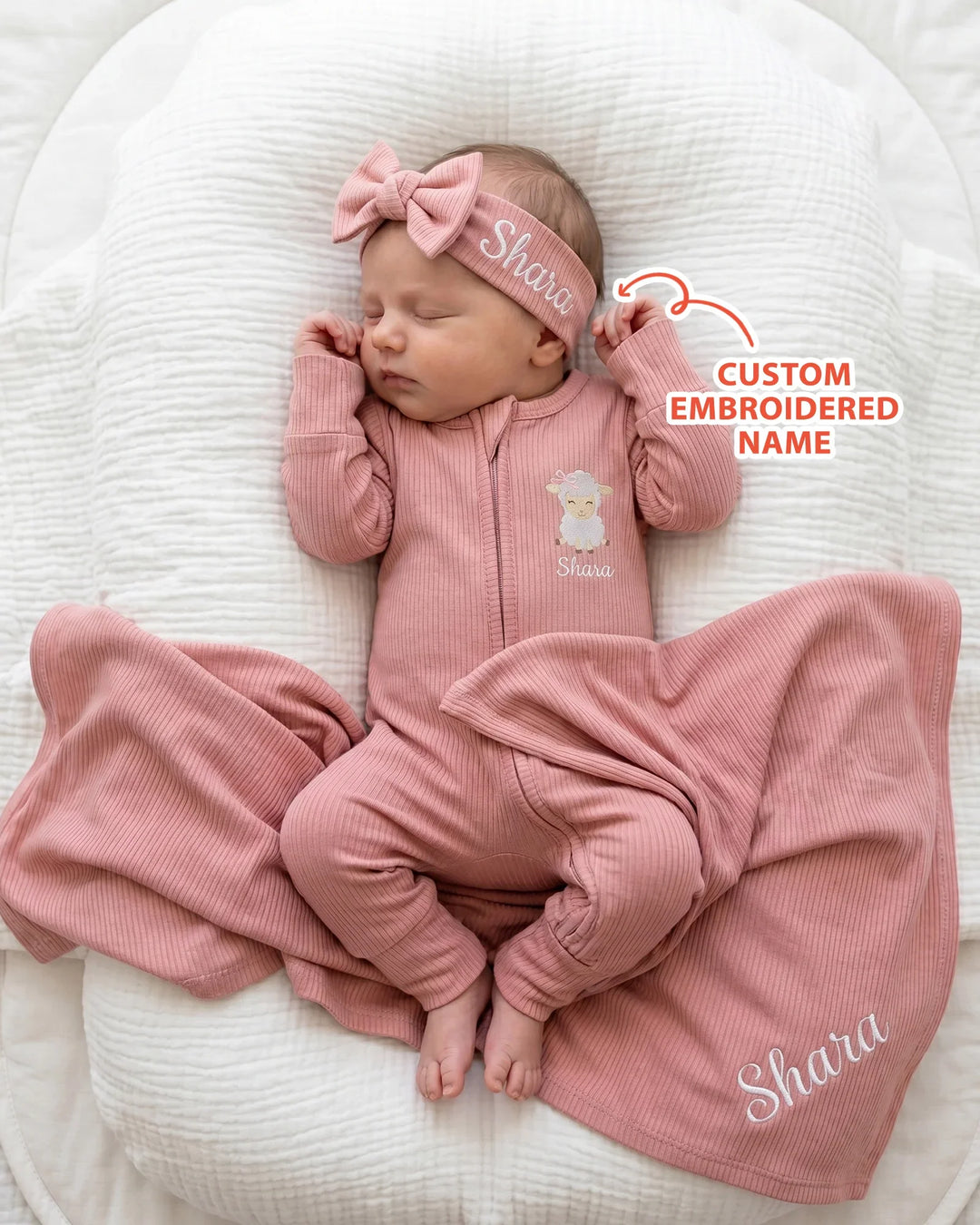 Personalized Baby Sheep Embroidered Ribbed Bamboo Blanket
