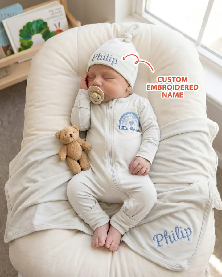 Personalized Little Miracle Blue Embroidered Bamboo Blanket