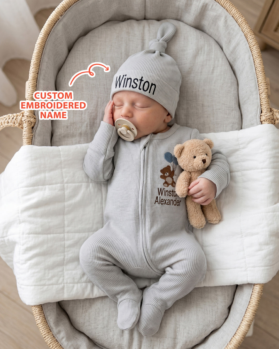 Personalized Dream Bear Embroidered Waffle Bamboo Welcome Home Bundle