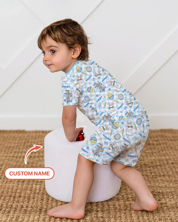 Custom Name Retro Easter Two Piece Short Sleeve Shorts Pajama Set
