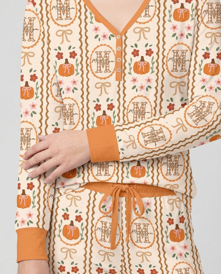 Custom Name Pumpkin Cottage Bamboo Women Pajama Set