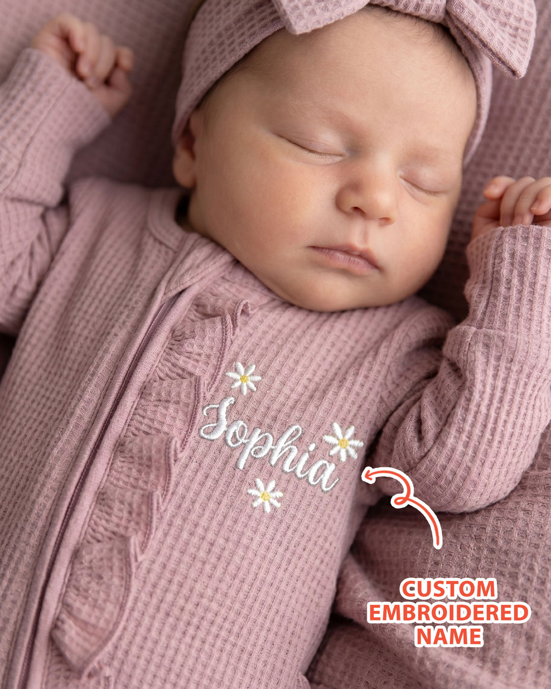 Custom Name With Daisy Embroidered Waffle Ruffle Bamboo Zipper Footie