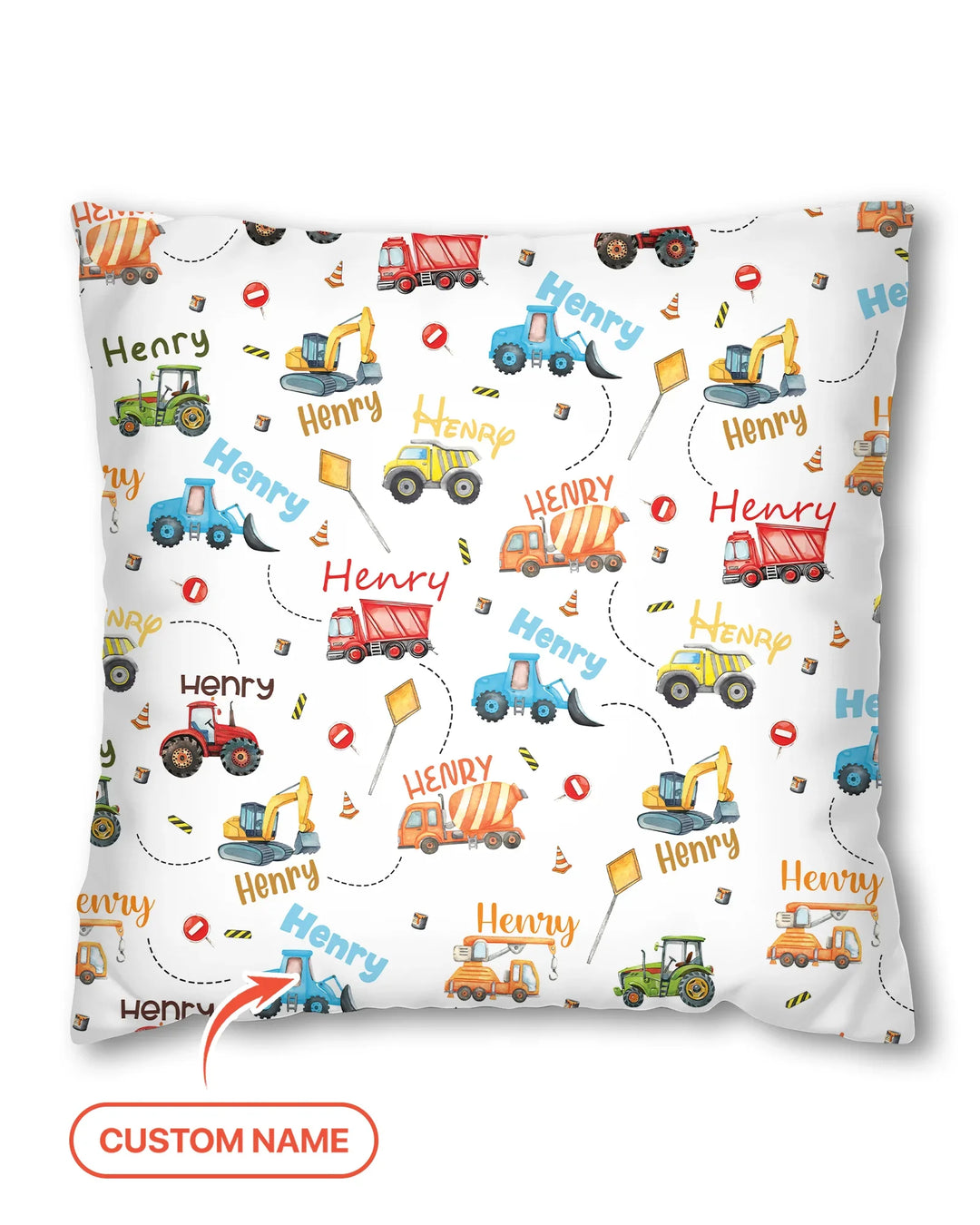 Construction Vehicles Custom Name Pillow Case
