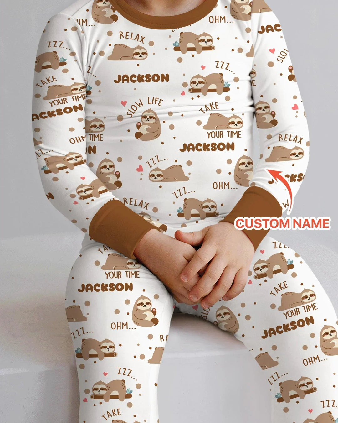 Custom Name Cute Sloth Two Piece Long Sleeve Pajama Set