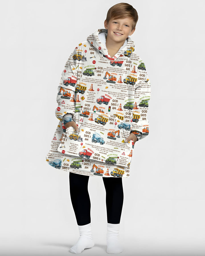 Bible Verse Construction Trucks  Wearable Blanket Hoodie