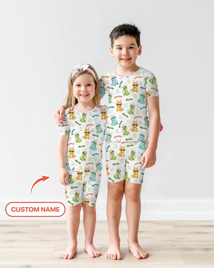 Custom Name Dinosaur on the Hunt Two Piece Short Sleeve Shorts Pajama Set
