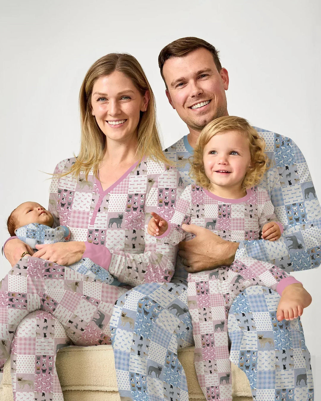 Frenchies Patchwork Family Matching Two Piece Long Sleeve Pajama Set