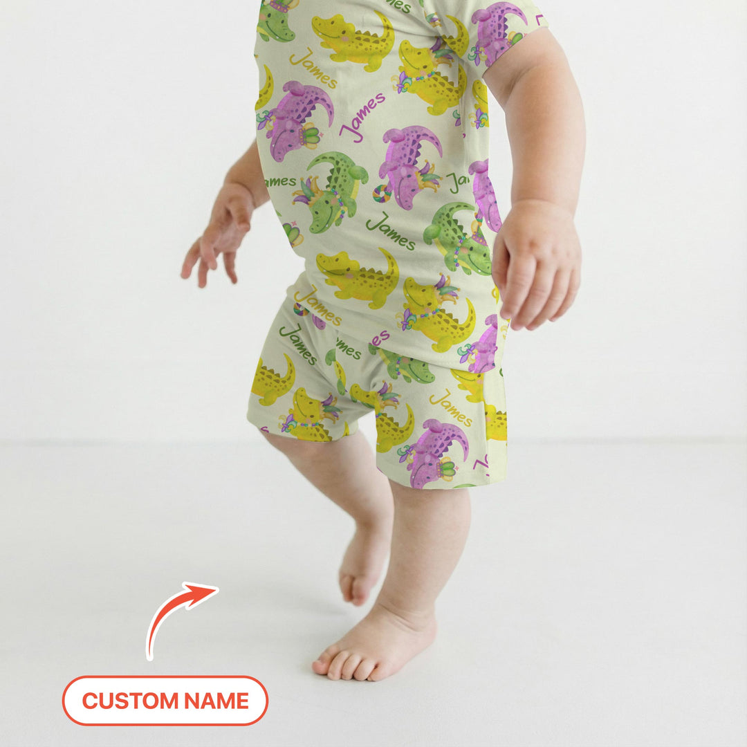 Custom Name Mardi Gras Alligator Two Piece Short Sleeve Shorts Pajama Set