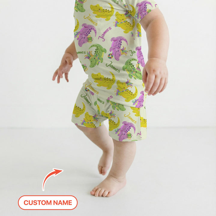 Custom Name Mardi Gras Alligator Two Piece Short Sleeve Shorts Pajama Set