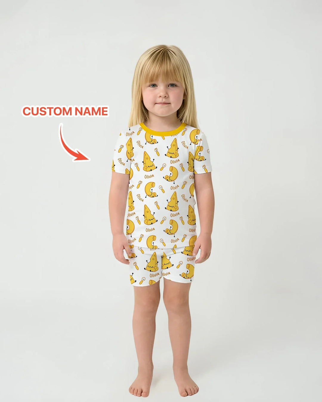 Conjunto de pijama de dos piezas de bambú de manga corta con pantalones cortos y nombre personalizado "Mac & Cheese Club"