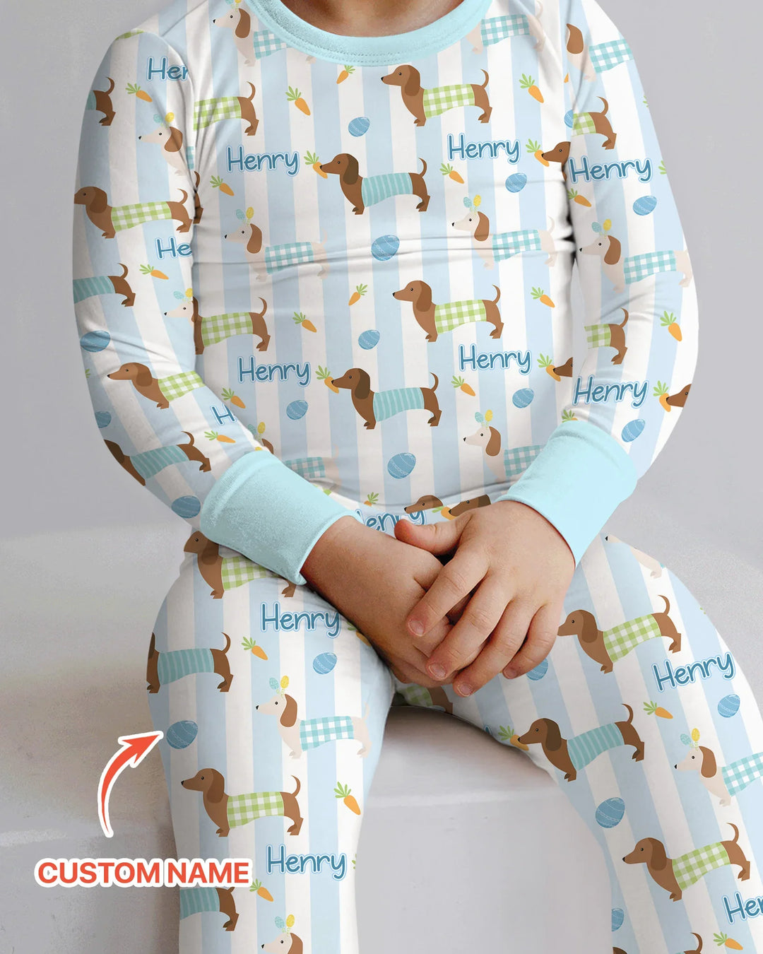 Custom Name Easter Dachshunds Family Matching Two Piece Long Sleeve Pajama Set