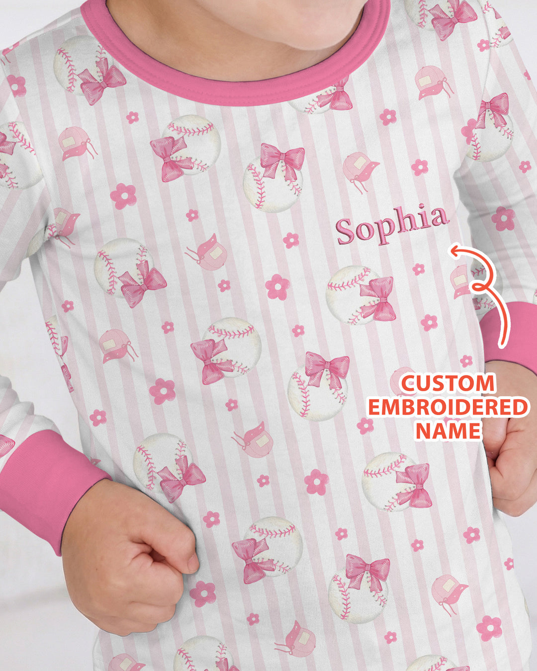 Custom Embroidered Name Baseball Girl Bamboo Two Piece Long Sleeve Pajama Set