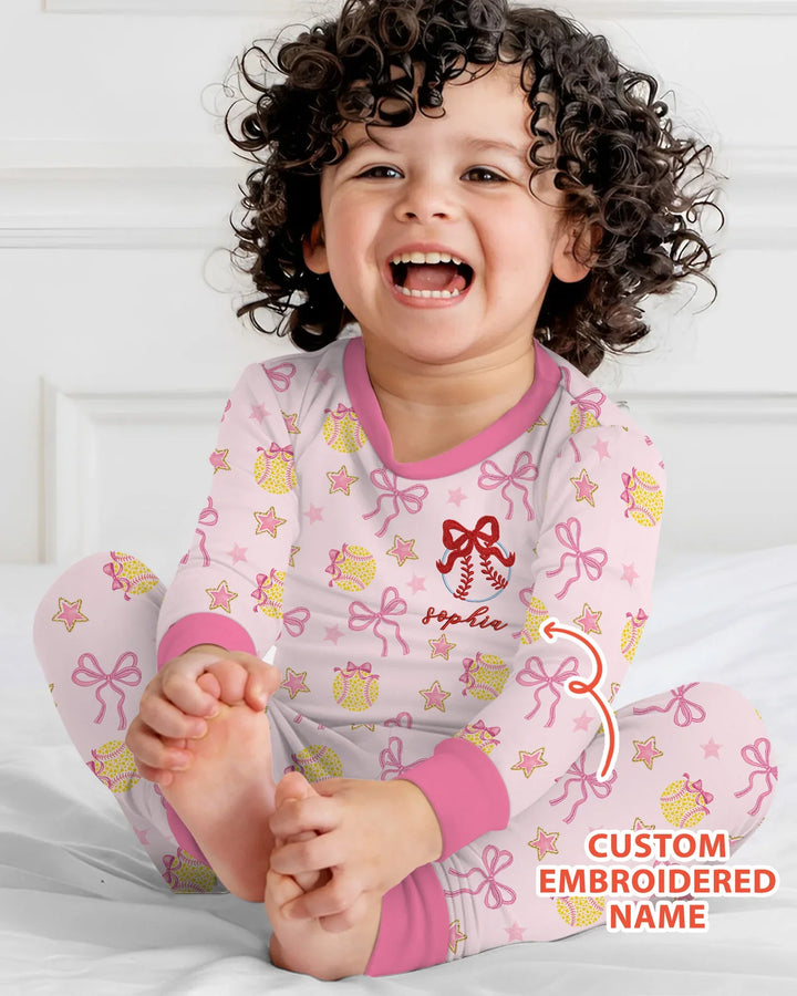 Custom Embroidered Softball Bow Baby Bamboo Two Piece Long Sleeve Pajama Set