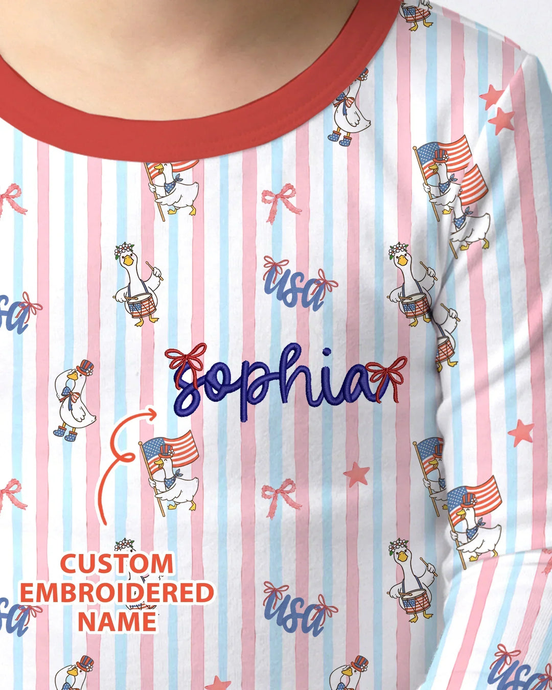 Personalized Cute Goose America 250 Embroidered Bamboo Two Piece Long Sleeve Pajama Set