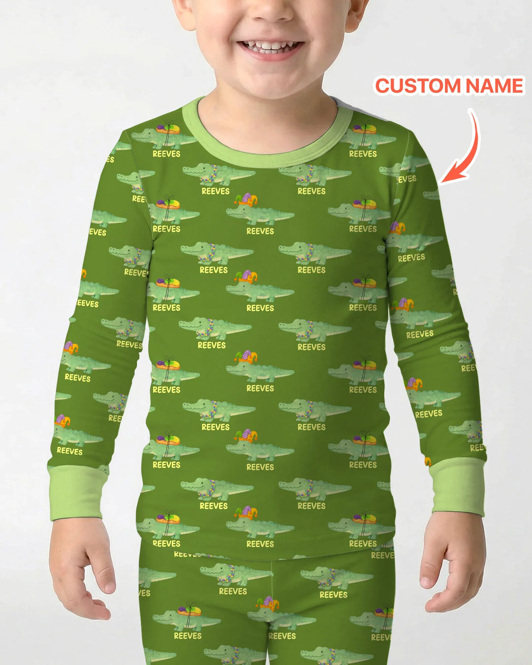 Custom Name Mardi Gras Gator Two Piece Long Sleeve Pajama Set