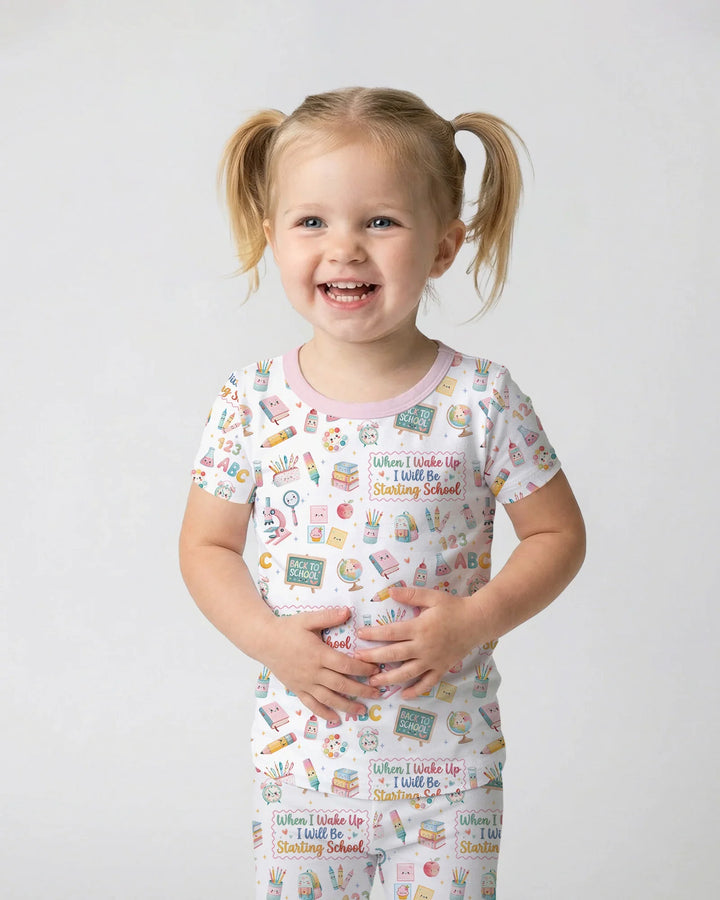 When I Wake Up I Will Be Starting School Bamboo Two Piece Short Sleeve Pajama Set