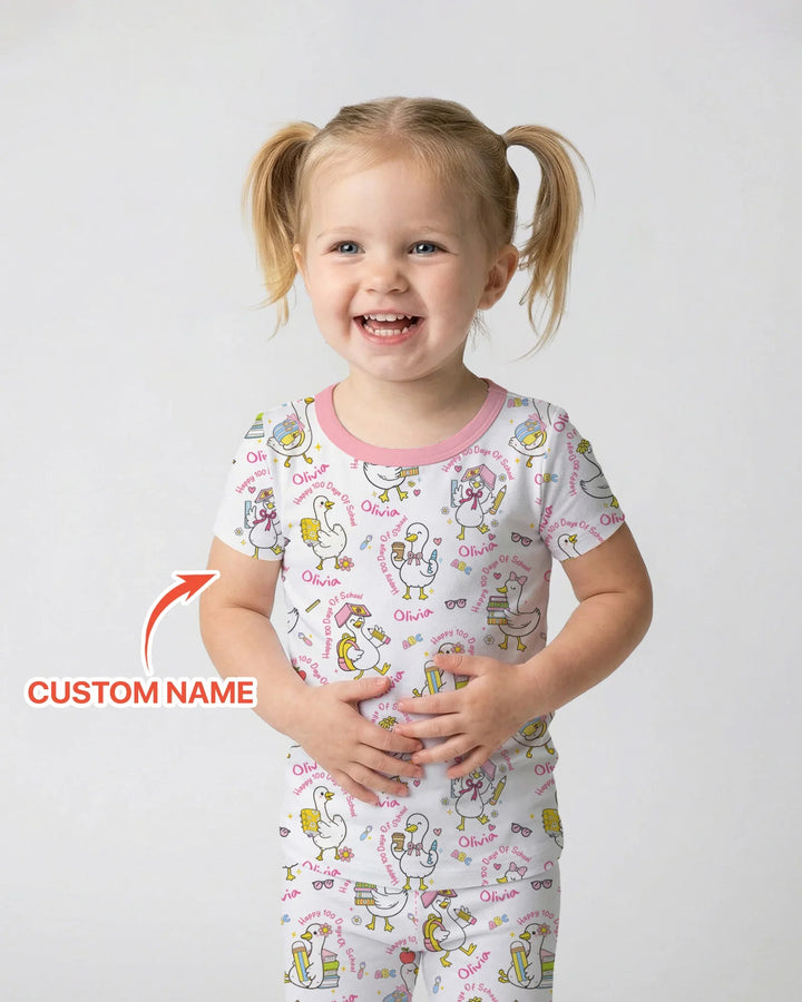 Custom Name Goose Happy 100 Days Of School Two Piece Short Sleeve Pajama Set