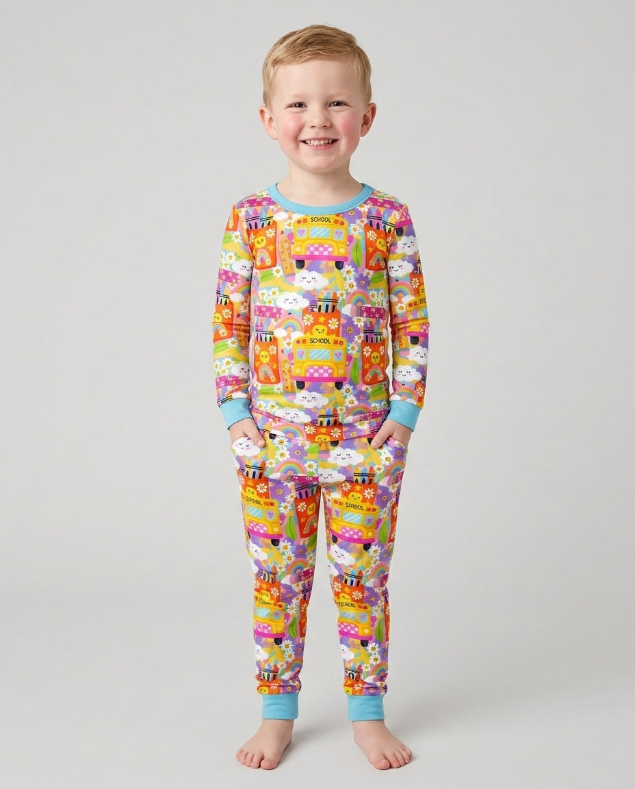 Retro Happy Classroom Bamboo Two Piece Long Sleeve Pajama Set