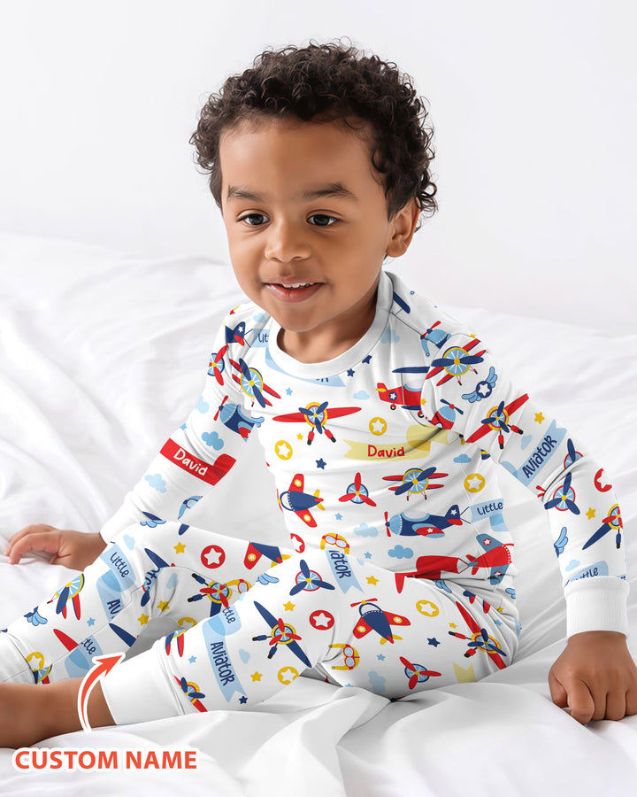Our Little Aviator Custom Name Bamboo Two Piece Long Sleeve Pajama Set