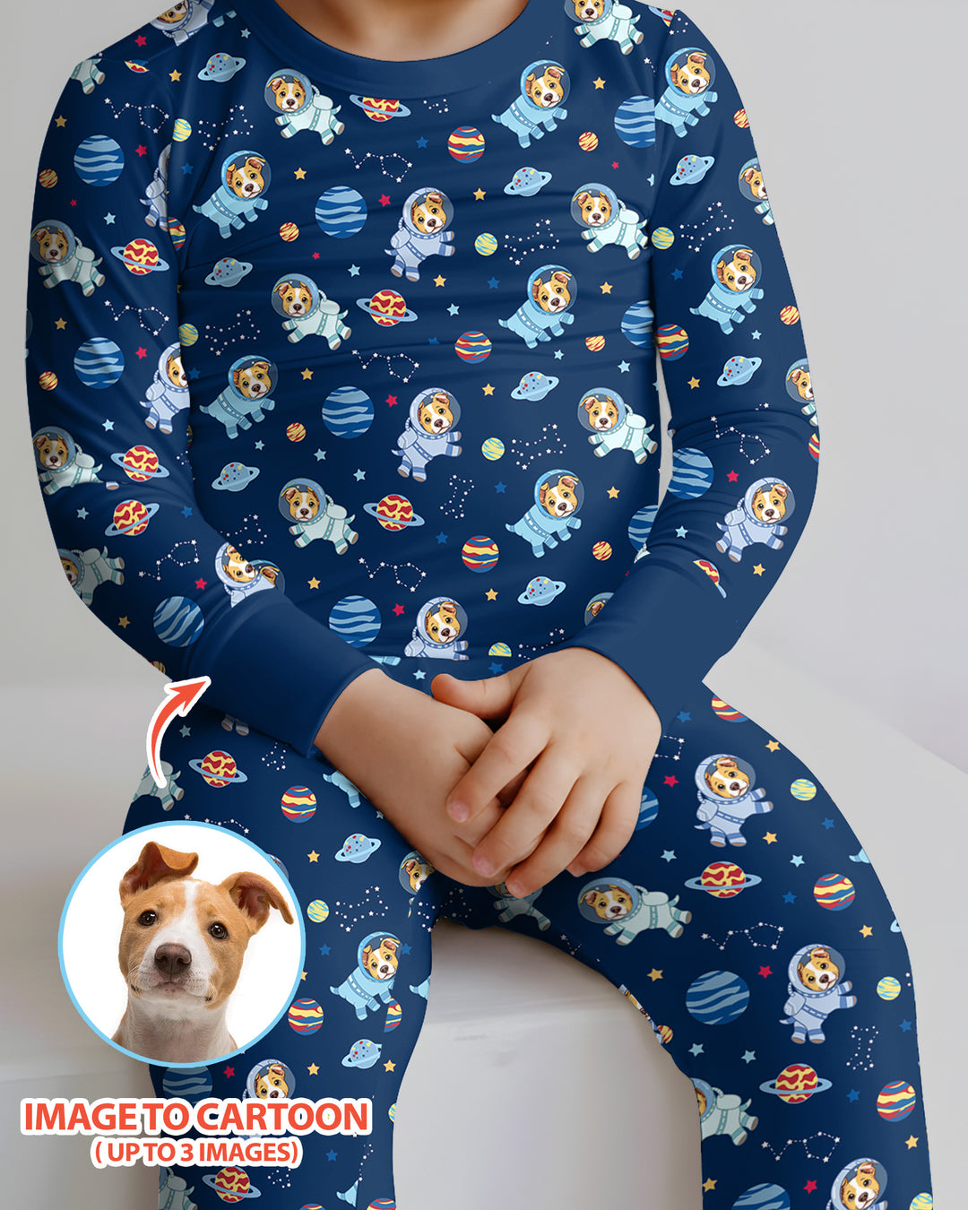 Astronaut Custom Pet Image Family Matching Bamboo Two Piece Long Sleeve Pajama Set
