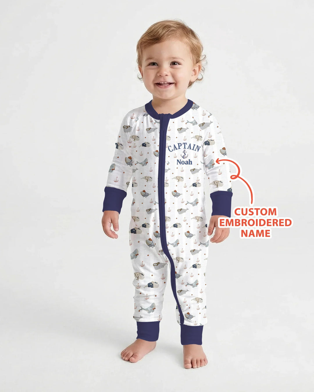 Custom Embroidered Name Little Captain of the Whale Crew Bamboo Convertible Zippy