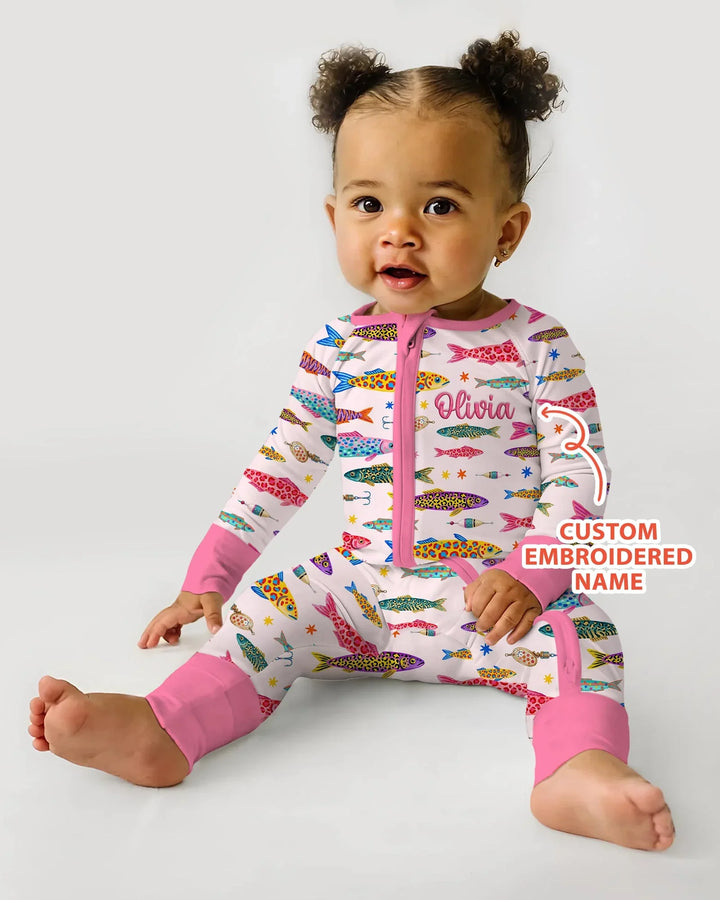 Custom Name Embroidered Colorful Fish Bamboo Convertible Zippy